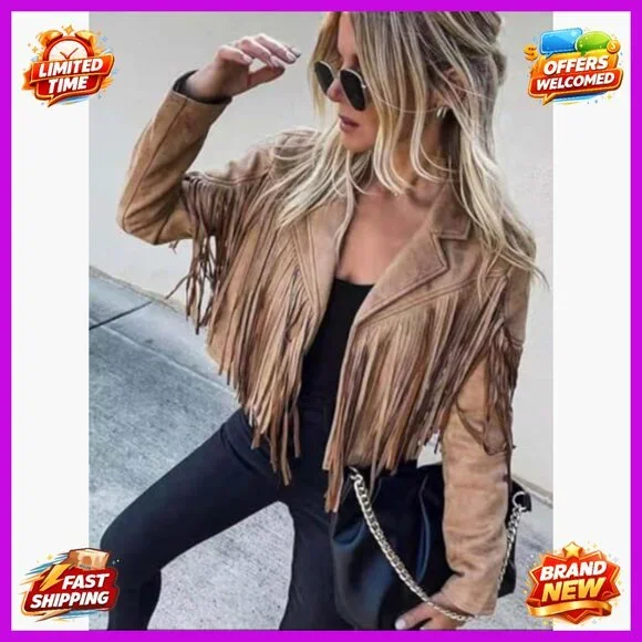 Faux Suede Cropped Fringe Jacket Women's Western Motorcycle Style